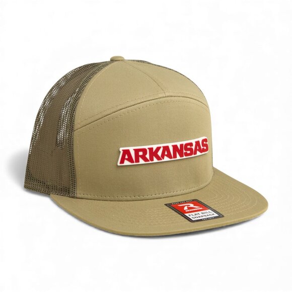 Arkansas Razorbacks ARKANSAS Red 3D Snapback Seven-Panel Trucker Hat- Pale Loden - Picture 1 of 3